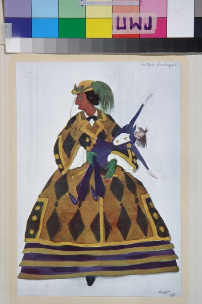 Engelskan, kostym för balletten la boutique fantasque av Gioachino Rossini - Verk av Leon Bakst (1866-1924), litografi 1919 - (Dräktdesign för baletten ""The Magic Toy Shop"" av Gioachino Rossini, av Leon Bakst, Färg litografi av Leon Bakst