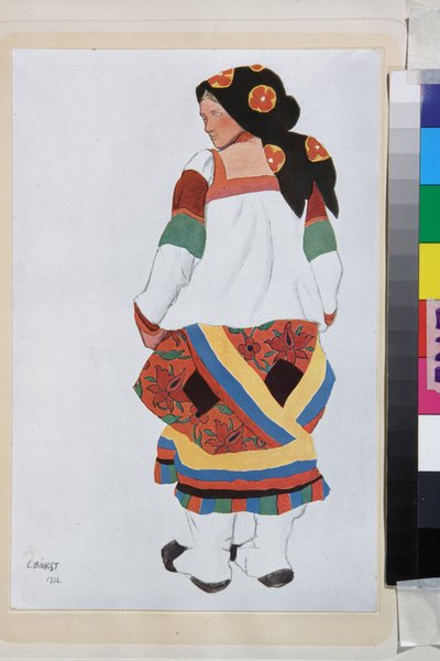 Bondekvinna, kostymdesign för Vaudeville Old Moskva, på Femina-teatern, Paris (Frankrike) - Verk av Leon Bakst (1866-1924), litografi 1922 - (Bondekvinna, Kostymdesign för Vaudeville Old Moscow, på Theatre Femina i Paris, av Leon Bakst (1866-1 av Leon Bakst