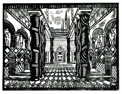 Scenografi av Leon Bakst (1866-1924), rysk målare och dekoratör för den tredje akten av "Sankt Sebastians martyrskap" av Claude Debussy (1862-1918), libretto av Gabriele D