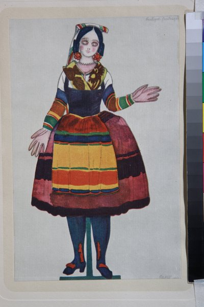 den italienska dockan, kostym för baletten "La Boutique Fantasque" i regi av Gioachino Rossini av Leon Bakst