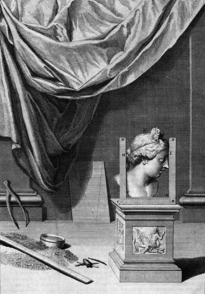 Behandlingar om arkitektur, en byst av en klassisk staty och arkitektoniska verktyg: tavlan hämtad från "" De Architectura Libri decem"" av Leon Battista Alberti (1404-1472), arkitekt, matematiker, italiensk poet från renässansen, London av Leon Battista Alberti