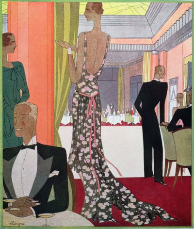 Modedesign för en aftonklänning av House of Louise Boulanger vid en gala-soiree i kasinot på Le Touquet av Leon Benigni