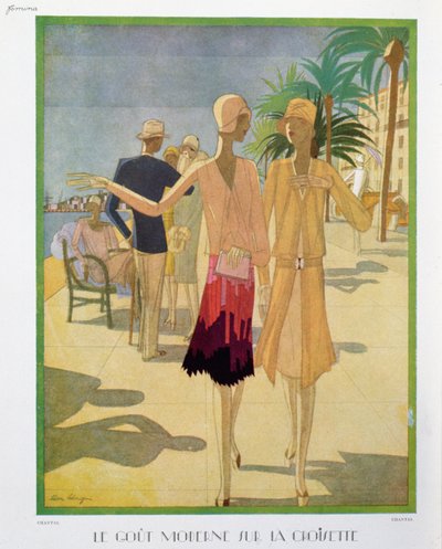 Fashionabla människor som promenerar på Croisette-promenaden i Cannes, illustration från "Femina" Magazine, julen 1927 (färg litho) av Leon Benigni