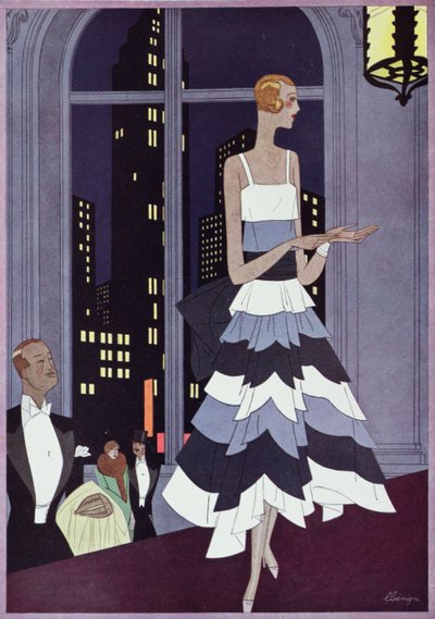 Under the Eyes of New York Skyscrapers, modetavla från tidningen "Femina", december 1928 (litho i färg) av Leon Benigni