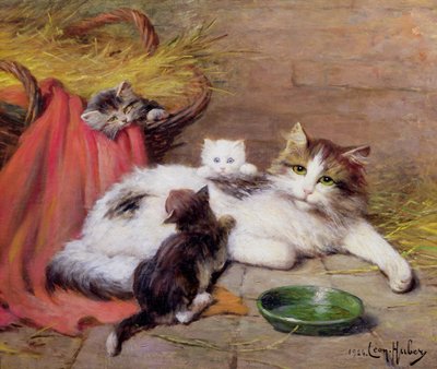 Katt med kattungar, 1924 av Leon Charles Huber