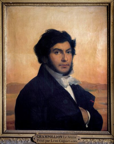 Porträtt av Jean-Francois (Jean Francois) Champollion (1790-1832), fransk egyptolog, dechiffrera av hieroglyfer. Målning av Leon av Léon Cogniet