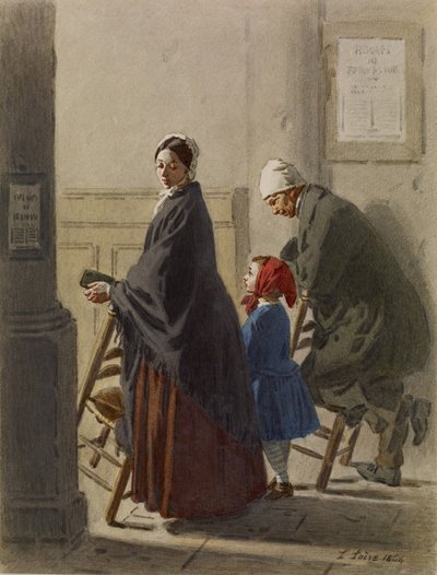 Man, kvinna och flicka vid bön i kyrkan, 1864 (wc och grafit på papper) av Leon Henri Antoine Loire