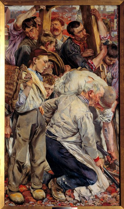 Socialrealism: "" Arbetarens åldrar"" Vänster del av en triptyk av Leon Henri Frederic (1856-1940) (ec.belg) 1897 Sön. 1,63x0,94 m Paris, musee d