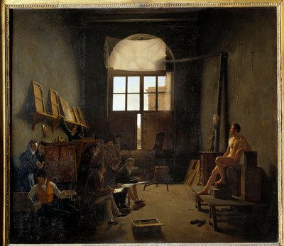 Interiör av Davids ateljé vid College of Four Nations 1814 (nuvarande Institut de France). Målning av Mathieu Cochereau (1793-1817) av Leon Mathieu Cochereau
