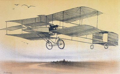 En flygning av bröderna Farman före 1914 (litho i färg) av Leon Pousthomis