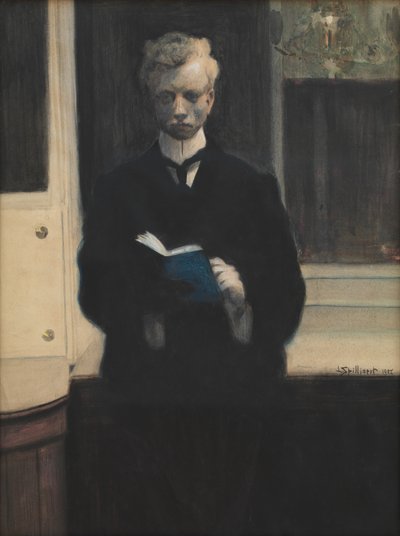 Självporträtt med blå skissbok av Leon Spilliaert