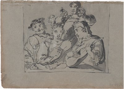 En kvartett av sångare, lutspelare och klockare som spelar i en krog vid levande ljus, 1620-1628. av Leonard Bramer