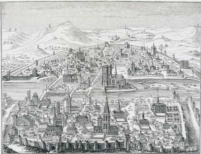 Stor perspektivvy av Paris 1607, baserad på gravyren av Léonard Gaultier. av Leonard Gaultier