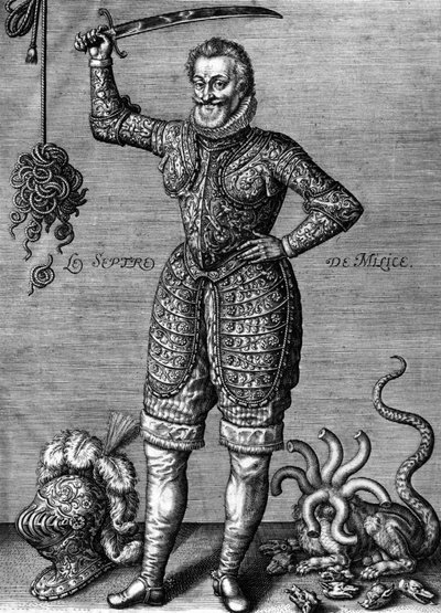 Henri IV (1553-1610) fransk kung 1589-1610, här bärande en rustning, med ett svärd, som rättare av orätt, gravyr av Leonard Gaultier av Leonard Gaultier