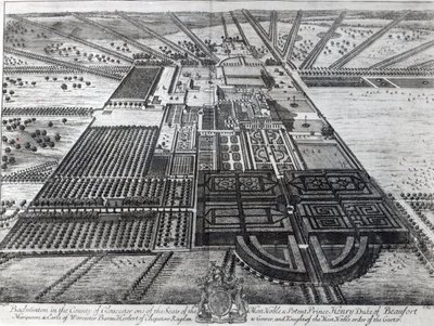 Badminton House i le Itumalo o Gloucester, na vaneina e Johannes Kip swed av Leonard Knyff