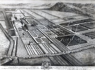 Chatsworth House, graverad av Johannes Kip av Leonard Knyff