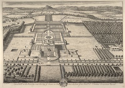 Eaton Hall vid floden Dee nära staden Chester i Cheshire, säte för den ärade Sir Thomas Grosvenor (gravyr) av Leonard Knyff