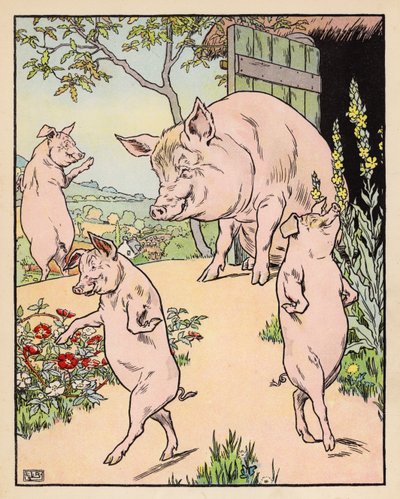 Illustration till De tre små grisarna (färglitografi) av Leonard Leslie Brooke