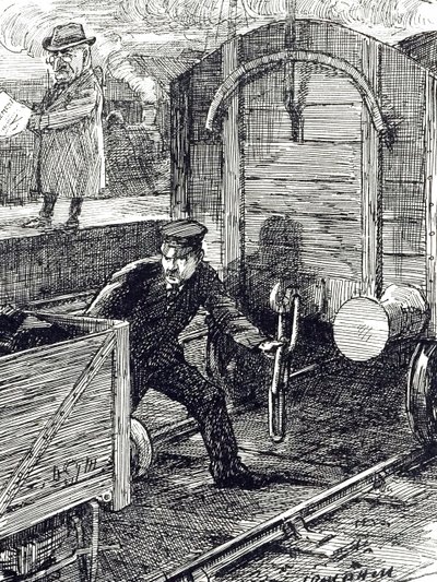 En tecknad serie som kommenterar järnvägsarbetares olyckor. Illustrerad av Leonard Raven-Hill (1867-1942), engelsk konstnär, illustratör och serietecknare, 1900-talet av Leonard Raven Hill
