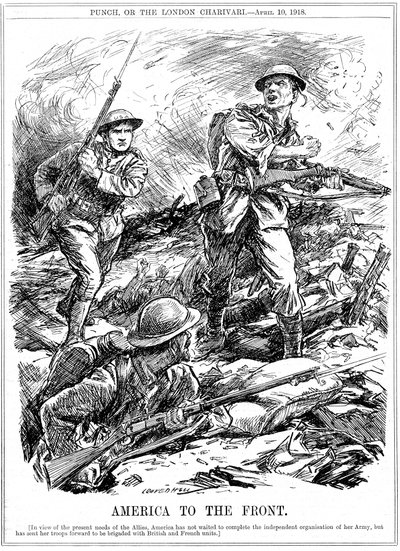 Amerikanska förstärkningar för att hjälpa de allierade trupperna innan den främsta amerikanska armén anlände, första världskriget 1918 av Leonard Raven Hill