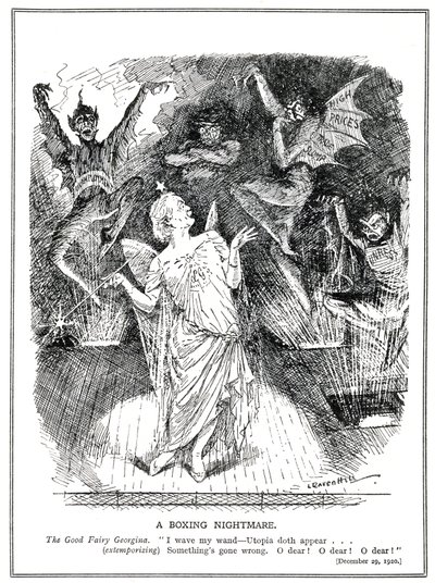 LLoyd George, koalitionsregeringens "goda fe" hoppas kunna förvandla Storbritannien till Utopia men frammanar istället mardrömmen och djävlarna med arbetslöshet, handelsnedgång, höga priser och oroligheter, av Leonard Raven Hill