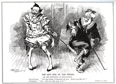 Lloyd George, i egenskap av ordförande för handelsrådet, skyddar den brittiska industrin mot tysk konkurrens genom "Patents and Designs Act" från 1907, 1909. av Leonard Raven Hill