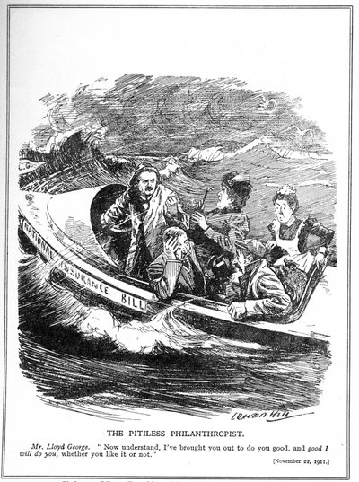 Lloyd George, avbildad som en livbåtsseglare, möter motstånd mot sin National Insurance Act, 1911 av Leonard Raven Hill