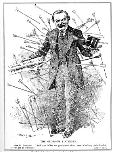 Lloyd George, avbildad som martyren Sankt Sebastian, attackerad för sin National Insurance Act, som trädde i kraft den 15 juli 1912 Insurance Act, 1911 av Leonard Raven Hill