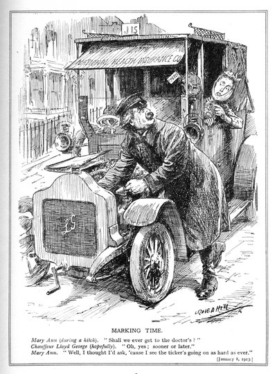 Lloyd George fördröjs när han tar en patient till doktorn i enlighet med sin National Health Insurance Act, 1913. av Leonard Raven Hill