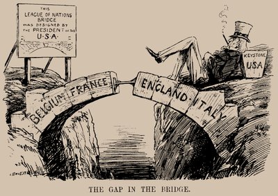 Gap in the Bridge. Tecknad film om USA:s frånvaro i Nationernas Förbund, dec 1919. av Leonard Raven Hill