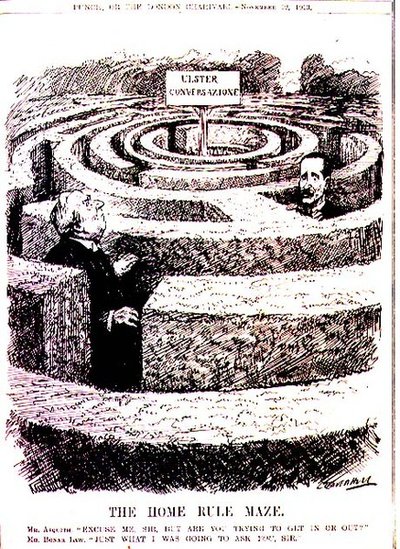 Hemmastyrets labyrint. Mr Asquith: "Ursäkta mig, sir, men försöker du komma in eller ut?" Mr Bonar Law: "Precis vad jag tänkte fråga dig, sir" från "Punch" -tidningen, Vol CXLV s.401, pub. 12 november av Leonard Raven Hill