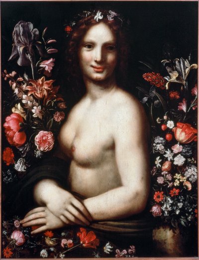 Byst av en ung kvinna som heter Flora (Flora) bland blommorna Modellen skulle vara Mona Lisa (Mona eller Monna Lisa) målning efter en teckning av Leonardo da Vinci (Leonard de Vinci) (1452-1519) 1600-talets Bergamo, accademia Carrara av Leonardo da (after) Vinci