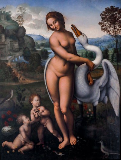 Leda och svanen, Olja på duk av Leonardo da (after) Vinci