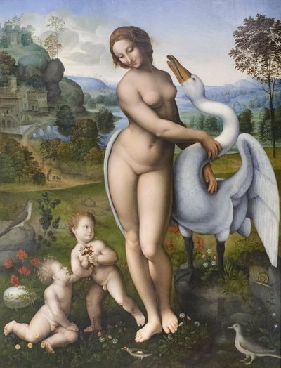Leda och svanen, kopia efter Leonardo da Vinci (tempera på pannå) av Leonardo da (after) Vinci