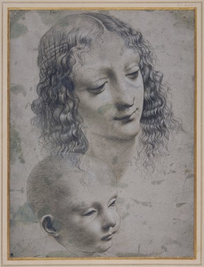 Huvudet på en kvinna och huvudet på en baby (metallspets på grått förberett papper) av Leonardo da (follower of) Vinci