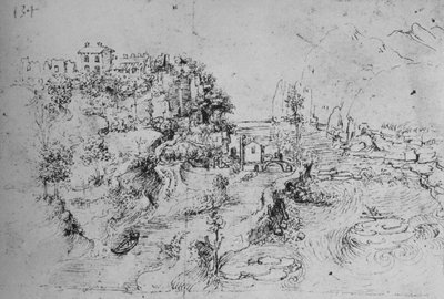 En flod med en kanal bredvid och ett slott på en kulle, c1480 1945 av Leonardo da Vinci