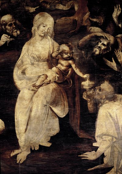 Tillbedjan av magi. Detalj av Jungfru Maria. (olja på trä av Leonardo da Vinci