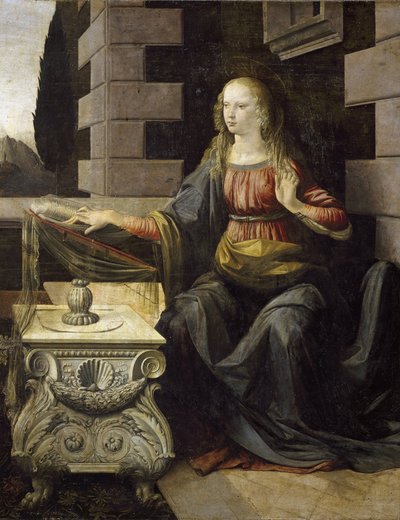 Kungörelse. Detalj av Jungfru Maria och hennes skrivbord, dekorerad med ett skal av St. James (olja och tempera på trä, cirka 1475) av Leonardo da Vinci