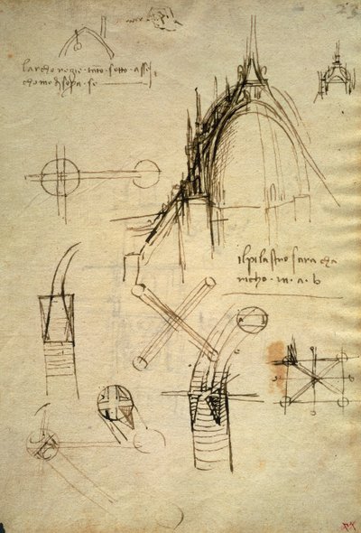 Arkitektoniska detaljer och avsnitt av kupolen i Duomo i Milano, f41 av Code Trivulzianus av Leonardo da Vinci