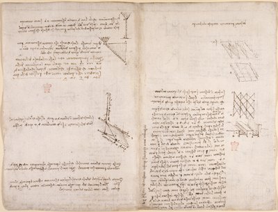 Arundel 263, f.120v, f.121 Anteckningar och diagram om mekanik, angående vätskors hastighet, c.1503-6 (penna & bläck på papper) av Leonardo da Vinci