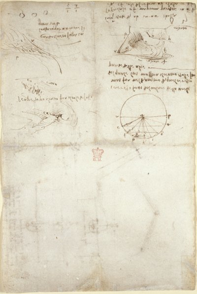 Arundel 263, f.126v Tre anteckningar och skisser på vatten; ett diagram över fåglarnas flygning, c.1500-5 (penna och bläck på papper) av Leonardo da Vinci