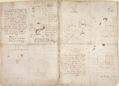 Arundel 263, f.135v, f.134, Anteckningar och diagram om mekanik; anteckningar och schematiska skisser om floder och vattenflöden, från 
