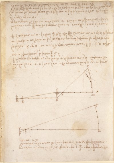 Arundel 263, f.214 Ritningar på de mekaniska krafterna och krafterna, slagverk, gravitation, rörelse, optik och astronomi, med olika aritmetiska och geometriska propositioner (penna och bläck på papper) av Leonardo da Vinci