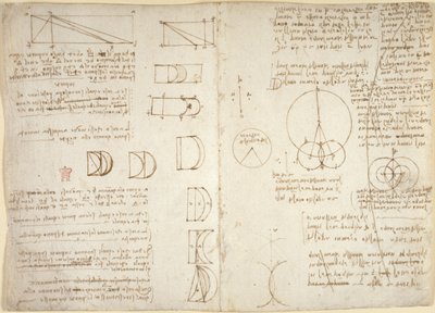 Arundel 263, f.222v, f.219, Ritningar på de mekaniska krafterna och krafterna, slagverk, gravitation, rörelse, optik och astronomi, med olika aritmetiska och geometriska propositioner (penna och bläck på papper) av Leonardo da Vinci
