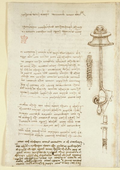 Arundel 263, f.24v Anteckningar och skisser som illustrerar Leonardos studie av andningsapparat för en dykare (1508), från 