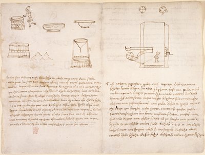 Arundel 263, f.259v, f.260 Anteckningar och grova skisser om processen att framställa salpeter för att förbereda krut (ej i Leonardos hand) (penna och bläck på papper) av Leonardo da Vinci