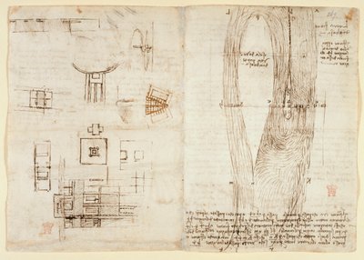 Arundel 263, f.264v Ritningar på de mekaniska krafterna och krafterna, slagverk, gravitation, rörelse, optik och astronomi, med olika aritmetiska och geometriska propositioner. av Leonardo da Vinci