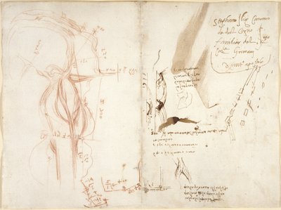 Arundel 263, f.275v, f.274 Planimetrisk skiss av floden Arno; anteckningar om avstånd och riktningar av Leonardo da Vinci