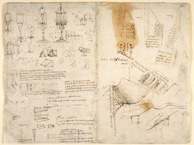 Arundel 263, f.283v, f.282 Skisser över gångjärnslampor; anteckningar om mekanik; matematiska beräkningar; geometriska skisser (penna och bläck på papper) av Leonardo da Vinci