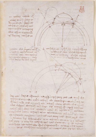Arundel 263, f.28 Anteckningar och geometriska diagram om optik, med hänvisning till Alhazens problem av Leonardo da Vinci